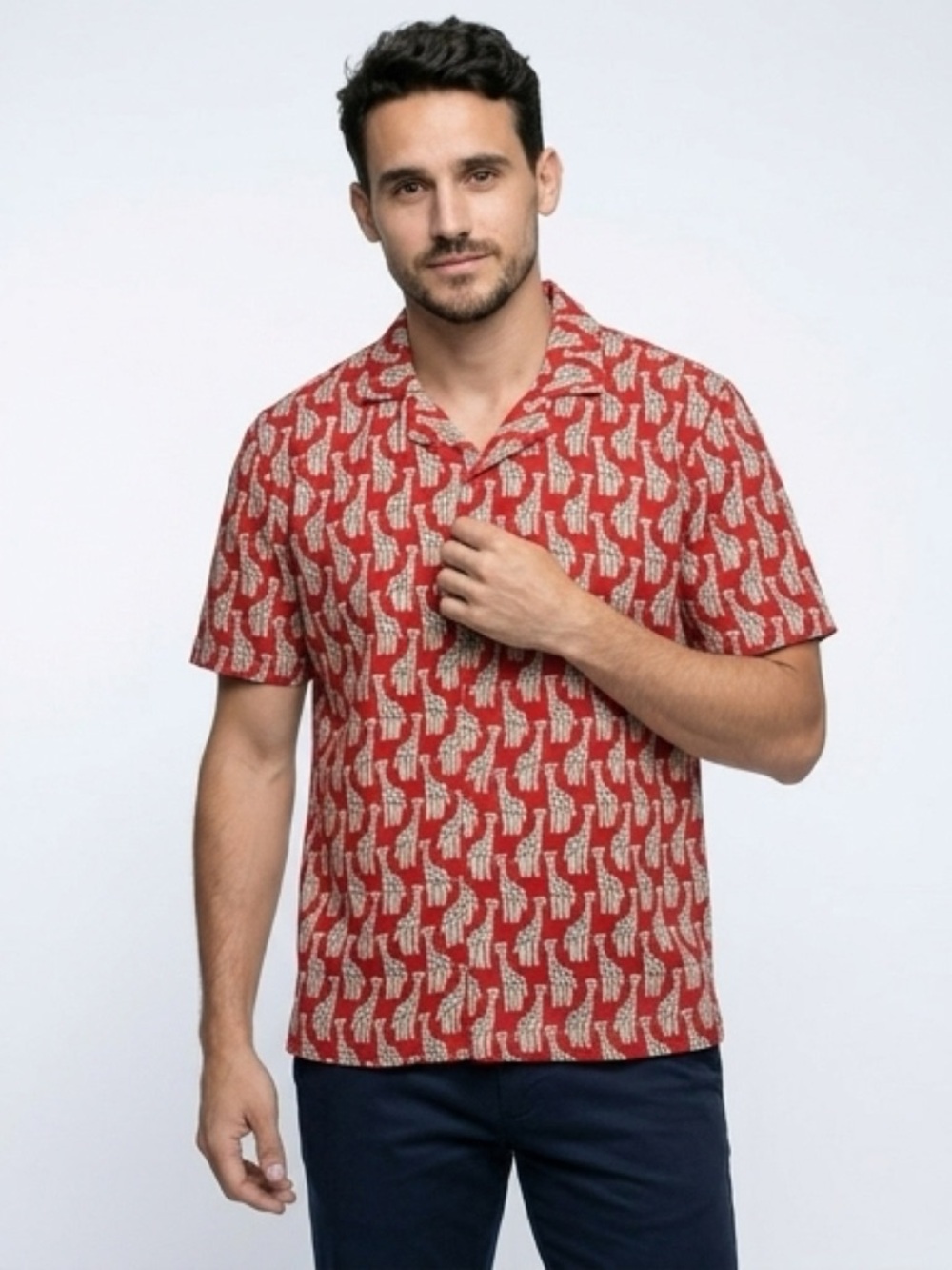 Red and White Casual Button Down Shirt with Retro Pattern